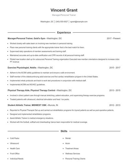Manager/Personal Trainer Resume