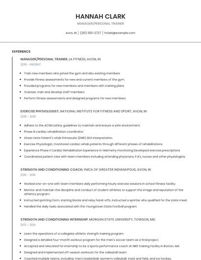 Manager/Personal Trainer Resume