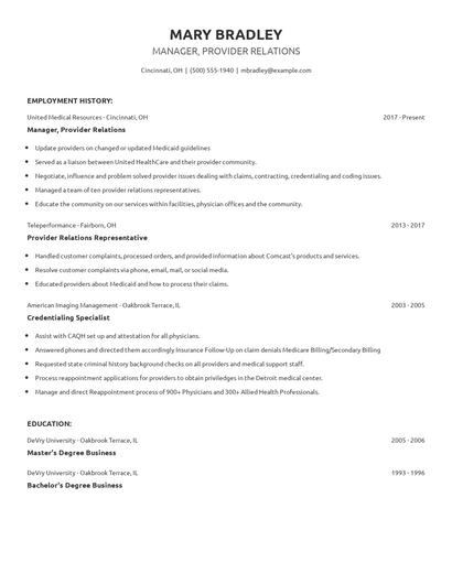 Manager, Provider Relations Resume