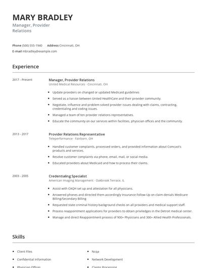 Manager, Provider Relations Resume
