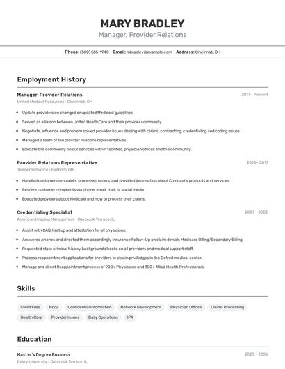 Manager, Provider Relations Resume