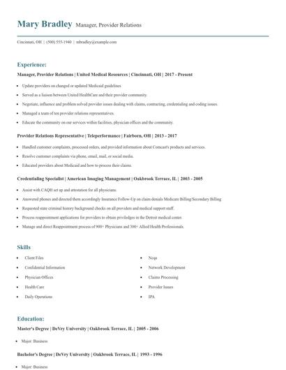 Manager, Provider Relations Resume