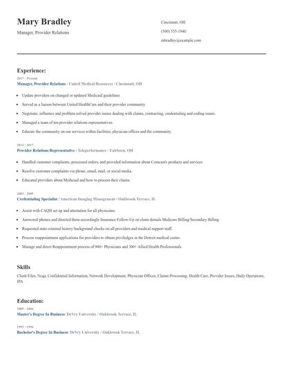 Manager, Provider Relations Resume