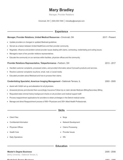 Manager, Provider Relations Resume
