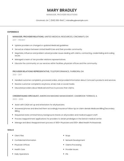Manager, Provider Relations Resume