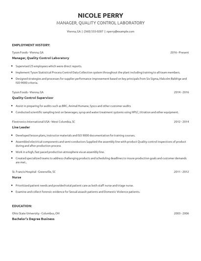 Manager, Quality Control Laboratory Resume