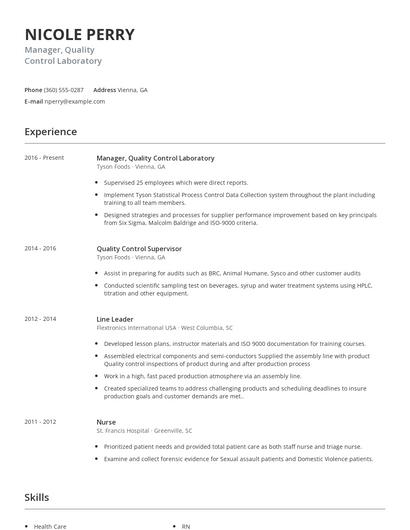 Manager, Quality Control Laboratory Resume