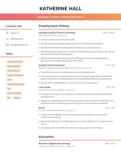 Manager, Quality Control Laboratory Resume