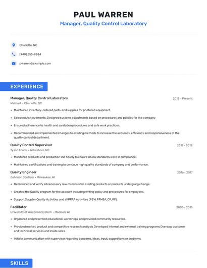 Manager, Quality Control Laboratory Resume