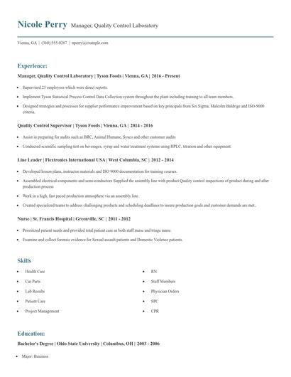 Manager, Quality Control Laboratory Resume