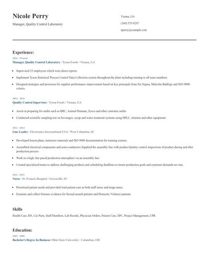 Manager, Quality Control Laboratory Resume