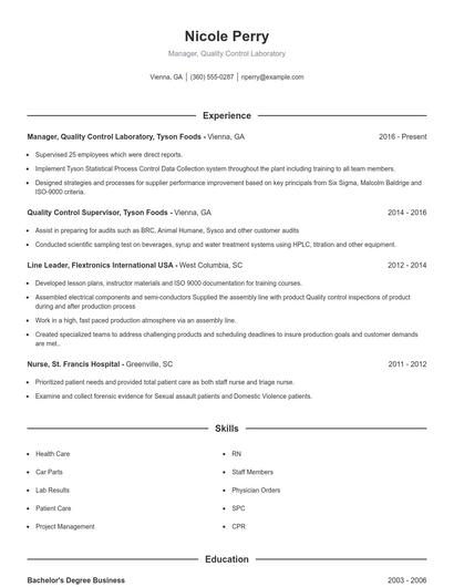 Manager, Quality Control Laboratory Resume
