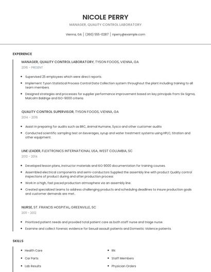 Manager, Quality Control Laboratory Resume