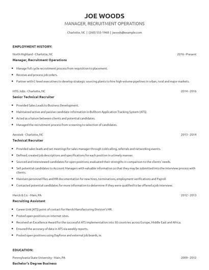 Manager, Recruitment Operations Resume