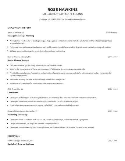 Manager-Strategic Planning Resume