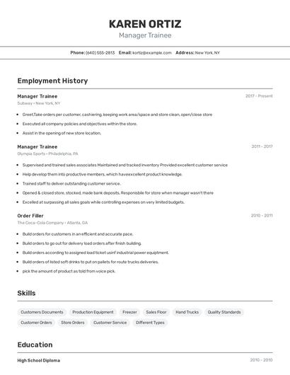 Manager Trainee Resume