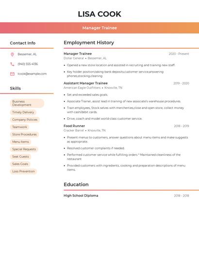 Manager Trainee Resume