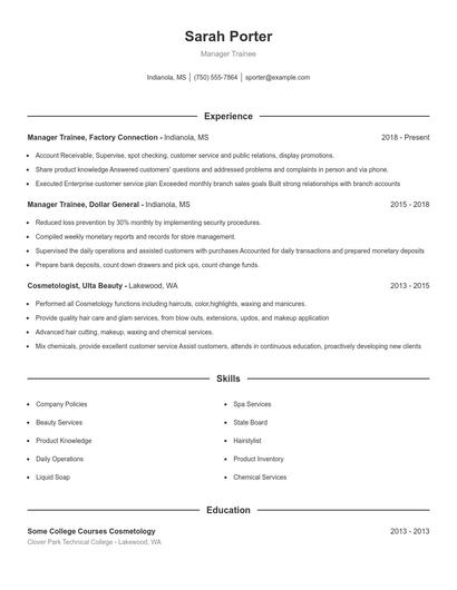 Manager Trainee Resume