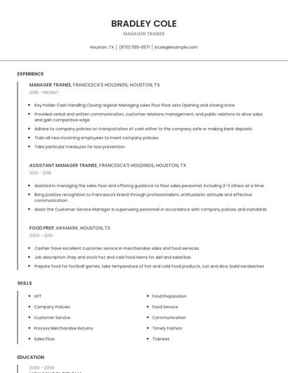 Manager Trainee Resume