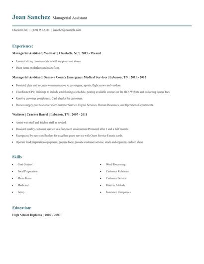 Managerial Assistant Resume