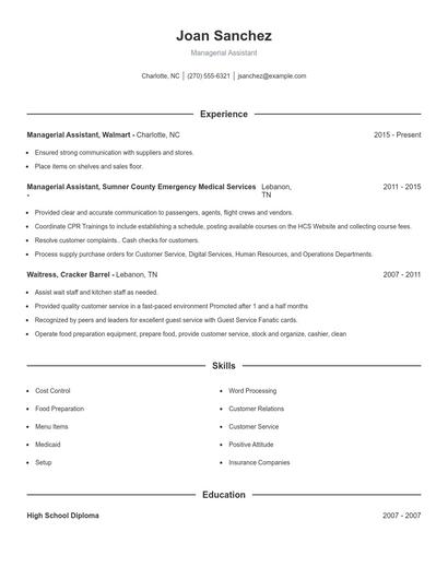 Managerial Assistant Resume