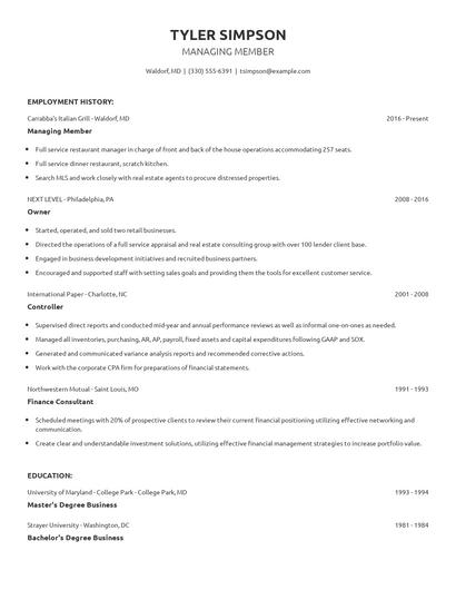 Managing Member Resume