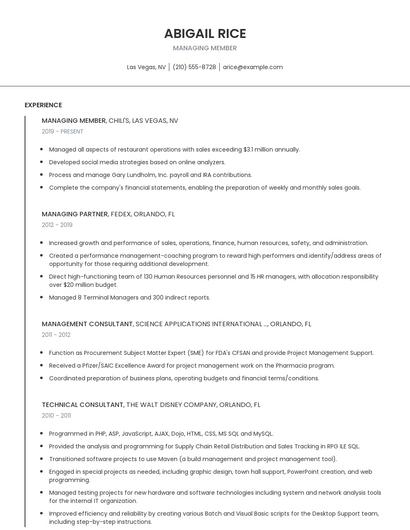 Managing Member Resume