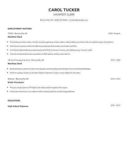 Manifest Clerk Resume