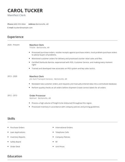 Manifest Clerk Resume