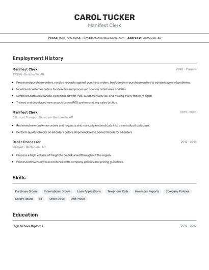 Manifest Clerk Resume
