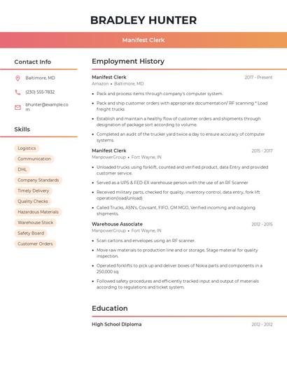 Manifest Clerk Resume