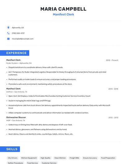 Manifest Clerk Resume