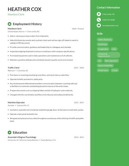 Manifest Clerk Resume
