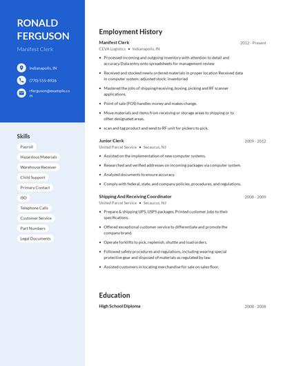 Manifest Clerk Resume