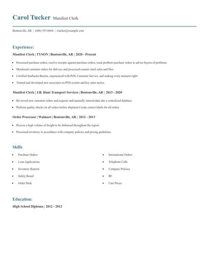 Manifest Clerk Resume