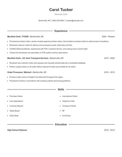 Manifest Clerk Resume