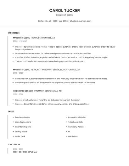 Manifest Clerk Resume