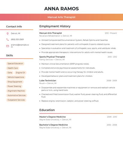 Manual Arts Therapist Resume