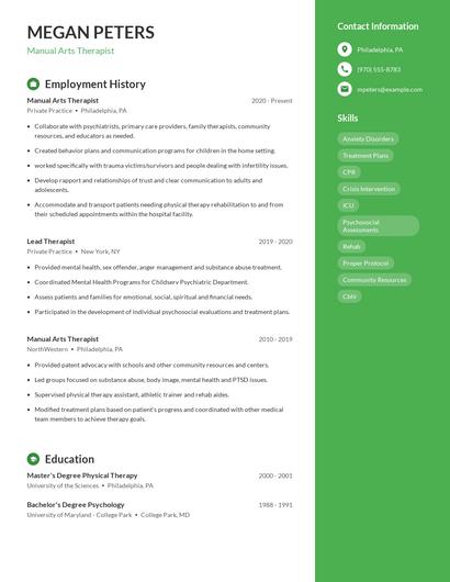 Manual Arts Therapist Resume