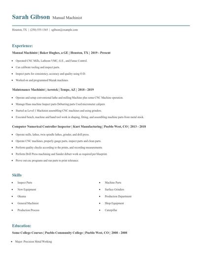Manual Machinist Resume