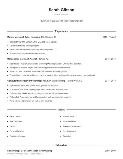 Manual Machinist Resume
