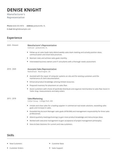 Manufacturer's Representative Resume