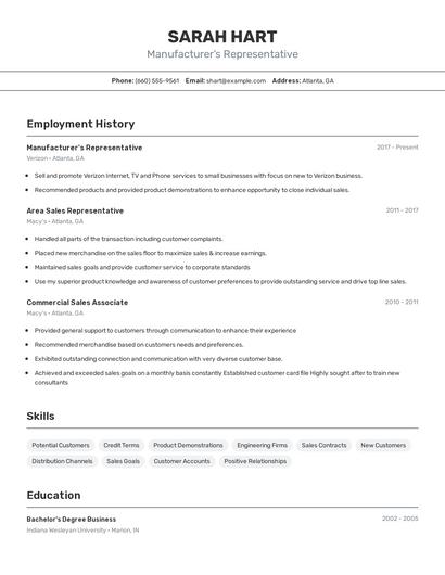 Manufacturer's Representative Resume