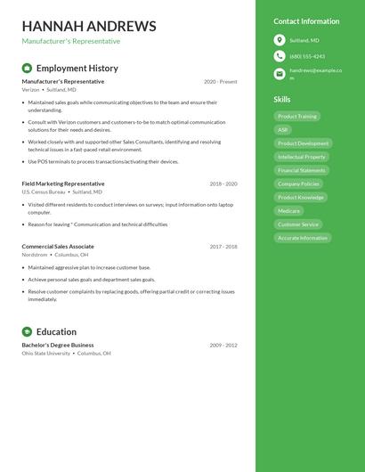 Manufacturer's Representative Resume