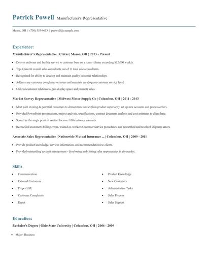 Manufacturer's Representative Resume