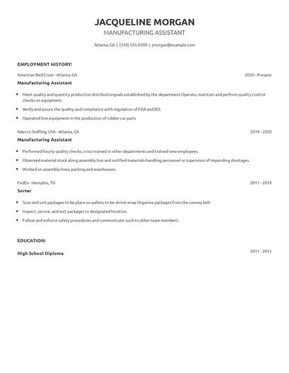 Manufacturing Assistant Resume