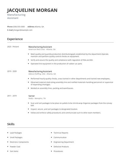 Manufacturing Assistant Resume