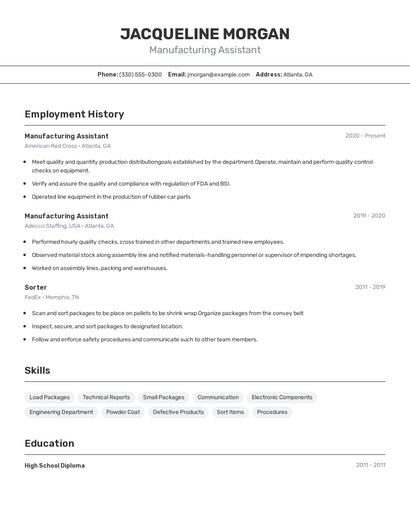 Manufacturing Assistant Resume