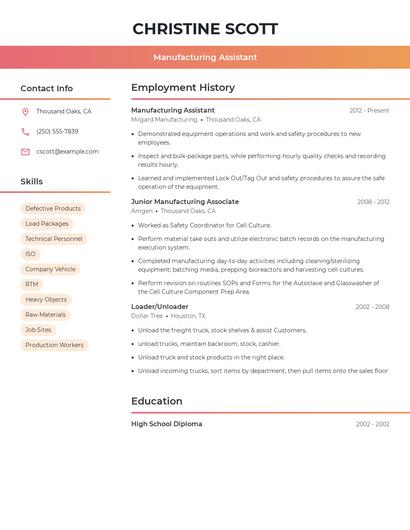 Manufacturing Assistant Resume