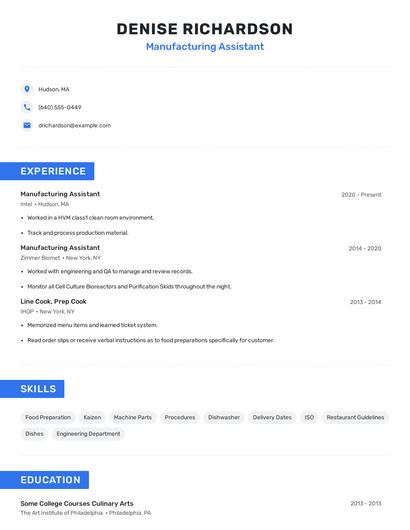 Manufacturing Assistant Resume